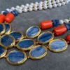 Y·YING Natural 3strands Blue Kyanite Red Coral Real White Pearl statement Necklace Female Jewelry 18"