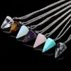 Natural Gemstone Pendant Necklace Party Supplies Crystal Healing Chakra Reiki Silver Stone Hexagonal Prisme Cone Pendulum Charm Necklaces 11 style