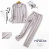 Pijamas de algodão puro conjunto mulheres pijama desenhos animados coelho impressão feminina inverno sleepwear quente sexy homewear camisa longa calça 2 peça / set 210809