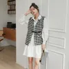 Koreanska outfit sätter kvinnor vit långärmad gröda midi tröja klänning och tweed geometri cardigan bandage ärmlös väst 2 st Lady 210515