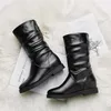 Meotina Winter Mid Calf Boots Women Boots PU Leather Pearl Height Increasing Boots Pleated Round Toe Shoes Lady Fall Size 33-43 210608