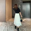 Elegant Pleated Retro Solid Elastic High Waist A-Line Long Skirt Summer Chiffon Office Lady All-Match White Black Women Skirts 210421