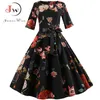 Floral Print Vintage Dres Z Długim Rękawem Elegancki Party Jesień Zima Kobieta Dorywczo A-Line Tunika Plus Rozmiar 210623