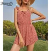 Tie Front Ruffle Band Hoge Taille Rompertjes Dames Zomervakantie Casual Boho Floral Print Mouwloze Strand Playsuit 210510