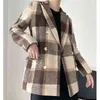 ビンテージ女性ウール茶色の格子縞のジャケットファッションレディースダブルブレストブレザーストリートウェア女性シックなポケットコート210427