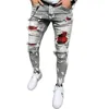 Men's Quilted Embroidered jeans Skinny Jeans Ripped Grid Stretch Denim Pants MAN Patchwork Jogging Trousers S-3XL 210716