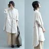 Autumn Arts Style Women Stand Collar Loose Casual Long Shirt Double Pocket Cotton Linen Vintage Blouses Big Size Blusas M491 210512