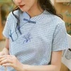 Johnature Women Chinese Style Embroidery Dresses Plaid Blue Stand Short Sleeve Summer Vintage Cotton Female Dresses 210521