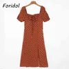 Foridol Polka Dot Długą sukienkę Kobiety Summer Rękaw Puff Boho Maxi Lace Up Side Slit Brown Beach Vintage 210415