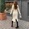 Herbst Winter Frauen Langarm Rollkragen Patchwork Twist Warme Dicke Pullover Weibliche Bodycon Pullover Midi Gestrickte Kleid 210416