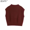 Zevity New Spring Women Fashion V Neck Solid Color Casual Sleeveless Vest Knitting Sweater Chic Lady Leisure Wine Red Tops S562 210419