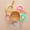 1Set Silicone Baby Feeding Bowl Set Bamboo Spoon Learning Dishes Suction Kids Toddler Assist Plate Children Tableware 211026