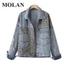 MOLAN Leopard-Print Denim Jacket Woman Spring Autumn Long Sleeve Fashion Jeans Casual Vintage Jean Coat Female Chic Outwear Top 211029