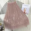 Saias Feminina Mesh Saia de Tule com Lantejoulas Verão Outono Cintura Alta Plissada Miçangas Coreano Chique Longo Maxi Preto Rosa