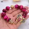 Beaded Strands GuaiGuai Jewelry 8'' 14mm Red Rose Tiger's Eye Bracelet CZ Pave Elephant Connector For Women Trum22