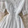 Moda Szyfonowa Sukienka Kobiety Lato Robe V-Neck Slim Puff Sleeve Lace Temperament Vestidos Eleganckie białe sukienki 210422