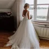 Enkel Ivory Tulle Country Bröllopsklänningar Brudklänningar 2021 Sexig Backless Bow Ärmlös Sommar Höst Boho Beach Bride Dress Vestidos de Novia
