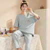 Tripulação de primavera pescoço solto mulher roupas pijamas para mulheres loungewear pjs pjs sleepwear manga curta calças xadrez casas de casa caseiro 210830