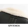 KPYTOMOA Women Fashion Thick Warm Faux Leather Shearling Jacket Coat Vintage Long Sleeve Flap Pockets Female Outerwear Chic Tops 211119