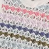 Mulher Crochet Hollow Knit Colete Top Doce Sweet Round Neck Sem Mangas Listrado Arco-íris Cor De Tricô Coletes 210521