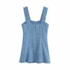 Chique spaghetti riem tweed mini jurk vrouwen mode juweel knoppen partij elegante mouwloze backless zomer es 210515