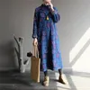 Johnature Style Chinois Robes Épaisses Coton Lin Imprimé Robe Florale Femmes Draps D'hiver Stand À Manches Longues Chaud Vintage Robes 210521