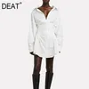 DEAT Women White Asymmetrical Folds A-line Single Breasted Dress New Round Neck Long Sleeve Slim Fashion Tide Summer 7E7925 210428