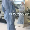 Dubai Kaftan Arabic Long Sleeves Prom Dress 2022 Flowers Beaded Chiffon Light Blue Muslim Evening Gowns Abiye Gece Elbisesi