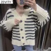 Women Vintage V Neck Striped Cardigan Knitting Sweater Ladies Chic Batwing Sleeve Button Casual Loose Retro Tops S555 210416
