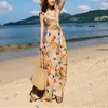 Yellow Print Floral Flower Ruffle Strap Sleeveless Backless Hollow Out Split Maxi Long Dress Summer Beach D0375 210514