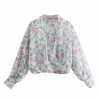 Summer Women Floral Print Cross V Neck Chiffon Short Blouse Female Long Sleeve Shirt Casual Lady Loose Crop Tops Blusas S8956 210430