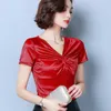 Korean Silk Blouses Women V-neck Satin Blouse Shirt Plus Size Solid Tops Blusas Mujer De Moda Camisas 210531