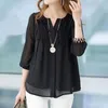 Varış Yaz Kadın Gevşek Yarım Kollu V Yaka Bluz Tek Göğüslü Ruffles Patchwork Şifon Casual Gömlek W219 210512
