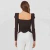 Slim tröja för kvinnor fyrkantig krage långärmad minimalistiska korta toppar kvinnliga mode kläder fall 210524