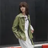 Kadınlar Gevşek Pu Faux Yumuşak Deri Yeşil Ceket Gümüşme Yaka Biker Palto Tek Göğüslü Cep Ceket Kemer Ile 210430