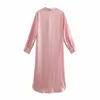 Sommer Frauen Chic Design Rosa Gestreiftes Midi-Hemd Kleid Weibliche Neun Viertelhülse Kleidung Casual Lady Lose Vestido D7599 210430