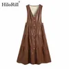 Chic col en V PU Faux cuir robe femmes Vintage sans manches à volants marron Midi mode plissé es Vestidos 210508