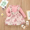 Dziewczyny Rose Flower Print Tulle Dress Fall 2021 Kids Boutique Odzież Koreański 1-5T Długie rękawy bawełniane sukienki