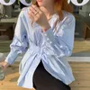 Women Blue Casual Pleated Pearl Button Blouse V-neck Long Puff Sleeve Shirt Fashion Spring Summer 2F0521 210510