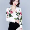 Arrivée Designer Rose Fleur Floral Noeud Papillon Col Élégant Femmes Bureau Travail Blouse Blusas Femme Top Chemises Plus La Taille 210529