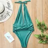 Green High Cut One Piece Swimsuit Female Deep V-neck Bikini 2021 Bandage Bathing Suit Monokini Swimwear Women Bathers Women's