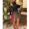 Women A-Line Dress Spring Autumn Fashion Long Sleeve Striped Print Pleated Sexy Ladies Evening Party Bodycon Mini Clothing 210522