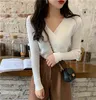 All-Match V-Neck Cross Women Pullovers Slim Female Stickad Sweater Tops Full Sleeve Jumpers Long 356A 210420