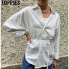 Toppies Camicie asimmetriche alla moda Top in cotone bianco e lino camicette a maniche lunghe camicie color kaki con coulisse in vita top oversize 210410