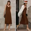 Minimalism Vintage Women's Summer Dress Offical Lady Solid Vneck Slim Fit Aline Calf-length Beach For Women 12130034 210527