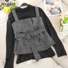 Neploe 2 Piece Set Kobiety Moda Turtleneck Solid Color Pullover T-Shirt + Chic Sashes Plaid Wzór Camis Jesień Nowy Garnitur 210423