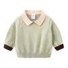 Spring Autumn Winter 2 3-10 Years Knitted Solid Color Patchwork School Student Turn-Down Collar Sweaters For Baby Kids Boys 210529