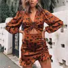 CNYISHE Ruffle Leopard Dress Donna Scollo a V Manica lunga Mini abiti sexy Moda Vintage Coulisse Abiti vuoti Abiti 210419