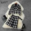 Jesień zimowy pas startowy 2 sztuka zestaw kobiet elegancki z długim rękawem Retro Plaid Woolen Kurtka i spódnica garnitur Casual Twinset 210601