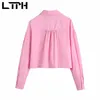 Simple vintage outillage style femmes chemises chemisiers lâche revers à manches longues hauts décontracté court rose chemise été 210427